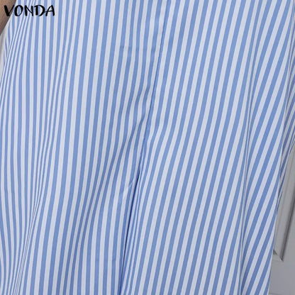 Plus Size VONDA Women Jumpsuits Summer Fashion Short Sleeve Stripe Jumpsuits Wide Leg Pants V Neck OL Party Overalls Playsuits
