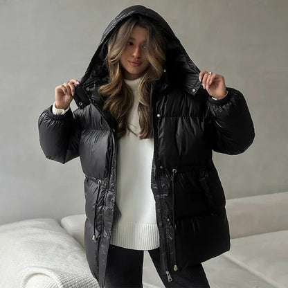 2026 Winter Warm Hooded Padded Cotton Coats Women Casual Drawstring Waist-closed Thick Jackets Female Chic Outerwear Lady New