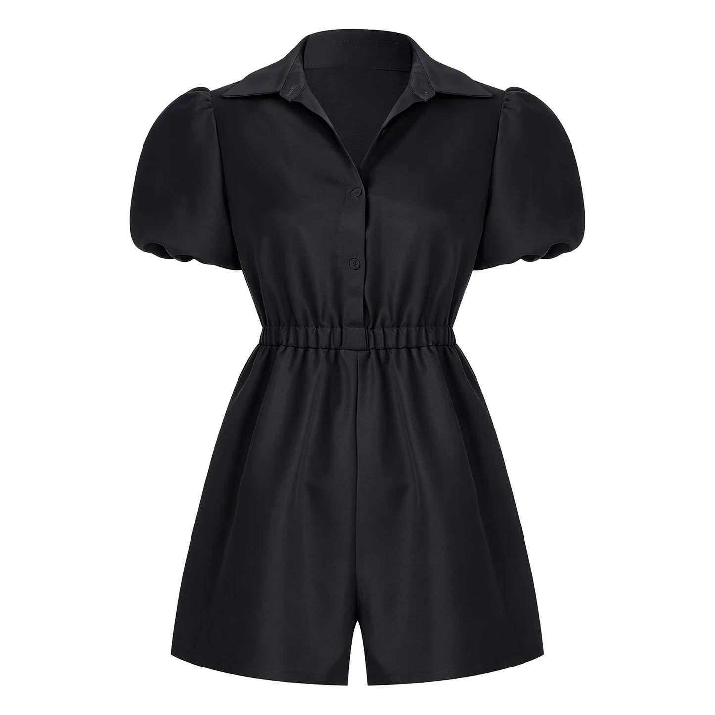Fashion Women Short Puff Sleeve Romper Lapel Front Button Elastic Waist Shorts Jumpsuit for Office Vacation Casual Clothing