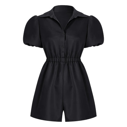 Fashion Women Short Puff Sleeve Romper Lapel Front Button Elastic Waist Shorts Jumpsuit for Office Vacation Casual Clothing