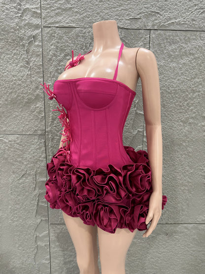 White Red Rose Color Women Sexy Strapless Full Florla Bodycon Mini Bandage Dress 2 Pieces Set Celebrate Nightclub Party Birthday