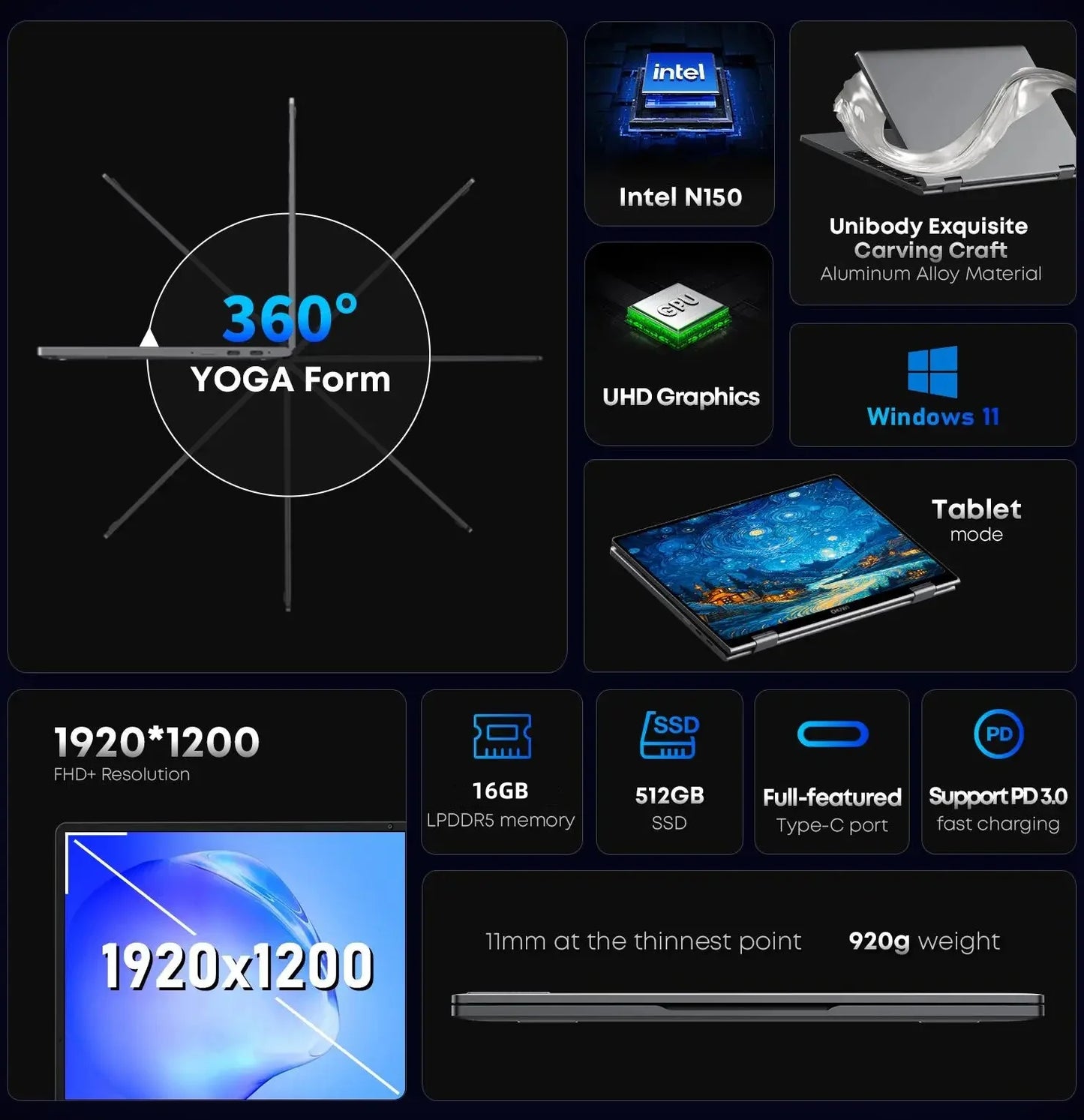 CHUWI MiniBook X 2-in-1 Touch Screen Laptop Intel N150 16GB LPDDR5 512G SSD 10.51"1920x1200 FHD Resolution Ultra-thin Notebook