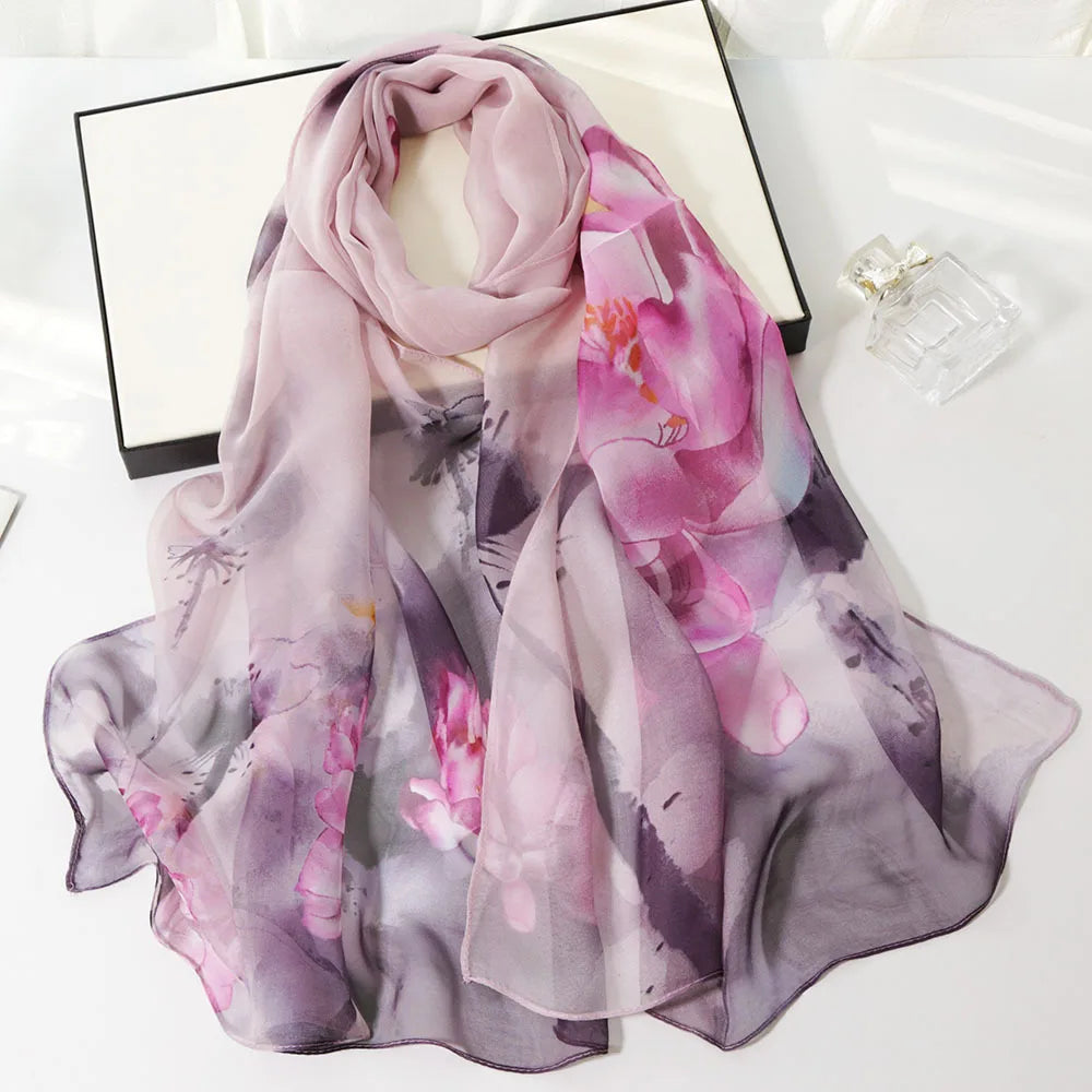 Ink Painting Lotus Summer Beach Sun Protection Chiffon Georgette Scarf Women Foulard Shawl Bandana Elegant Thin Breathable