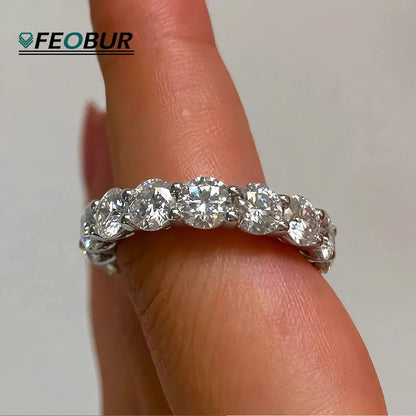 FEOBUR 5mm D Color Moissanite Ring with Certificate Women S925 Sterling Silver Full Diamond Eternity Band Wedding Jewelry Gift