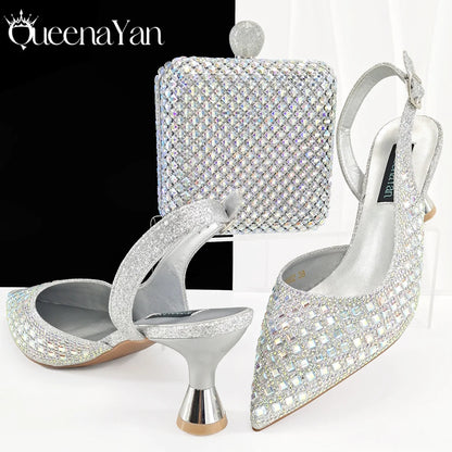 Queena Yan 2026 Italian Design Rhinestone Luxury Navy Blue Pointed Toe Shoe & Bag Set Women High Heels for Parties High Quality