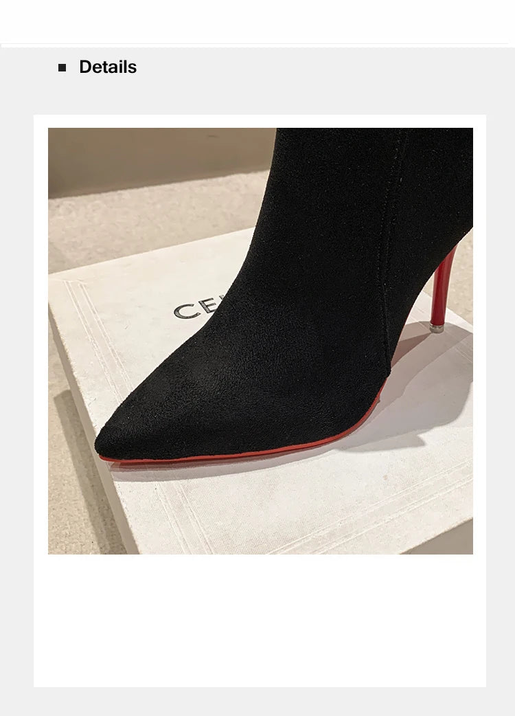 Aphixta 10cm Stilettos Winter Red Heels Zip Warm Black Ankle Boots Women Flock Footwear Shoes Women Super Big Size 47 48 49 50