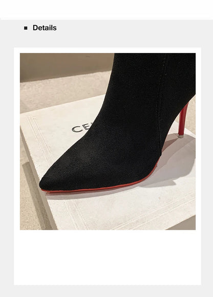 Aphixta 10cm Stilettos Winter Red Heels Zip Warm Black Ankle Boots Women Flock Footwear Shoes Women Super Big Size 47 48 49 50