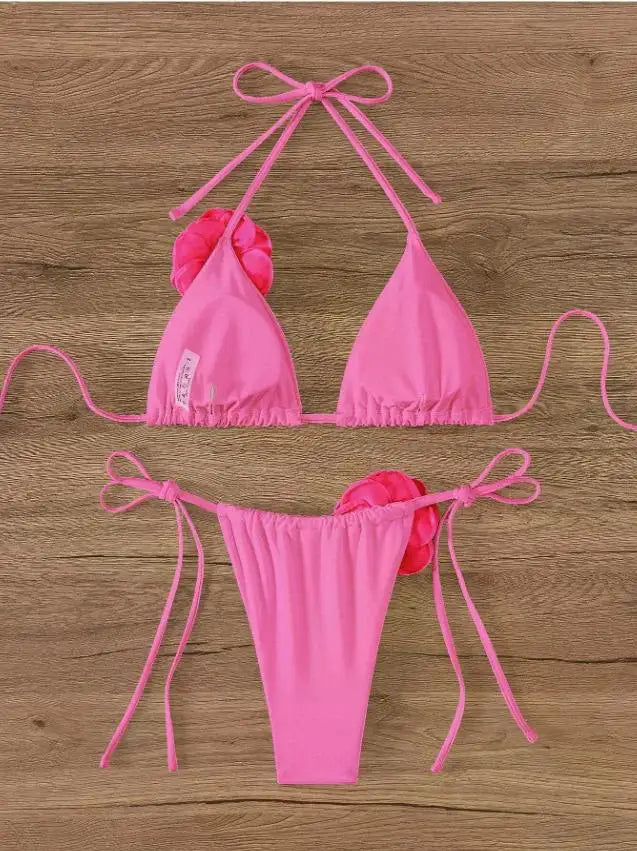 2026 S-L Sexy 3D Flowers Halter Strappy Bikini Women Swimwear Female Swimsuit Two-pieces Bikini Set Bather Bathing Suit Swim