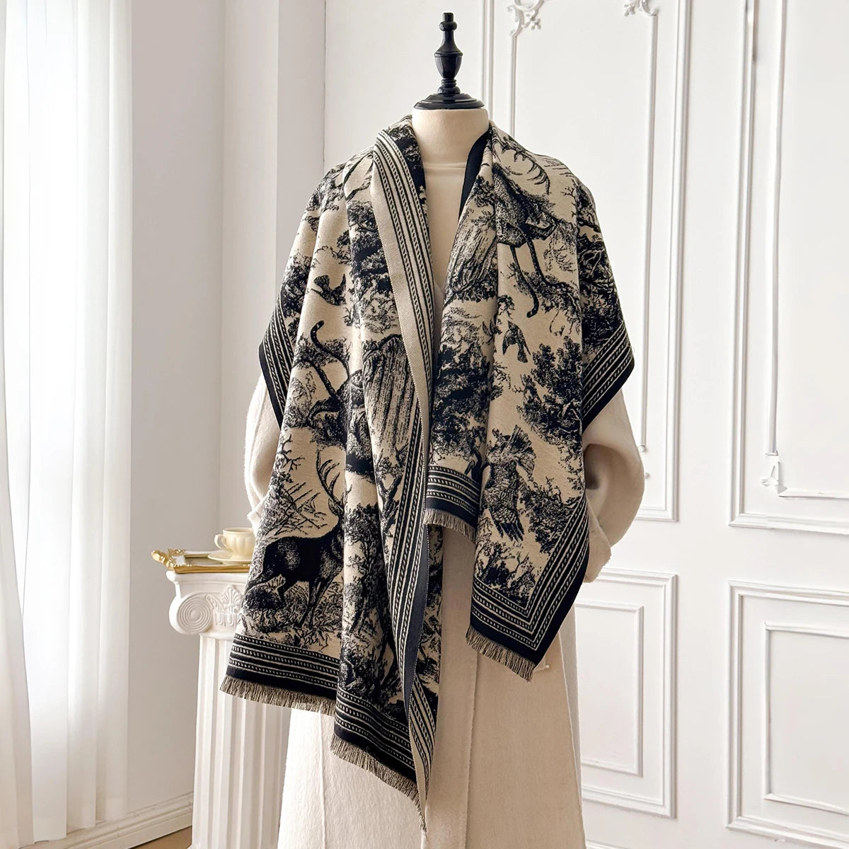 Elegant Animal Jacquard Pashmina Shawl for Women Winter Thick Warm Scarves Double Sided Design Coldproof Windproof Blanket Scarf