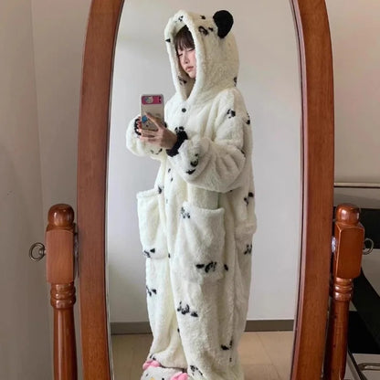 Funny Cute White Panda Pajamas One-piece Cral Fleece Thick and Warm Home Wear Autumn Winter for Women Halloween Christmas Gifts