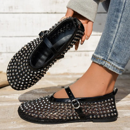 Women's Mary Jane Shoes Luxury Brand Casual Single Shoes Women's Rhinestone Plus Size Womens Round Head Buckle Beach Flat Shoes