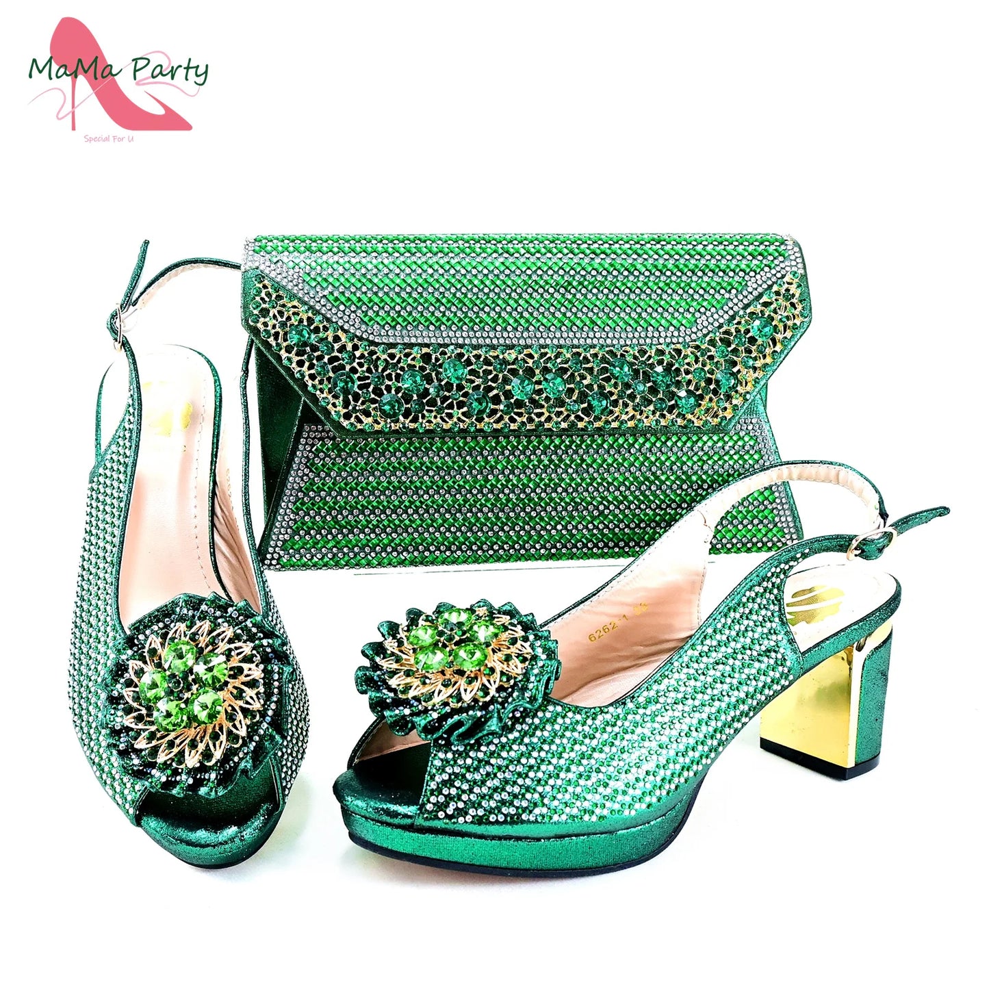 Mature Italian Women Shoes Matching Bag Set in Green Color 7 CM Comfortable Heels with Plaform Elegant Peep Toe Sandals