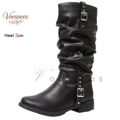 New Autumn Winter Vintage Women Knee High Boots Double Metal Buckle Thick Heels 3CM Knight Boots Casual Pull On Long Boots Shoes