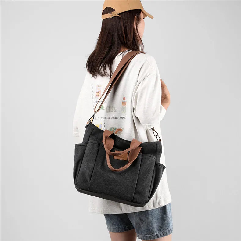 High Capacity Top-Handle Bag For Women Shoulder CrossBody Bag Vintage Canvas Ladies Tote Messenger Bag Female Travel Handbag