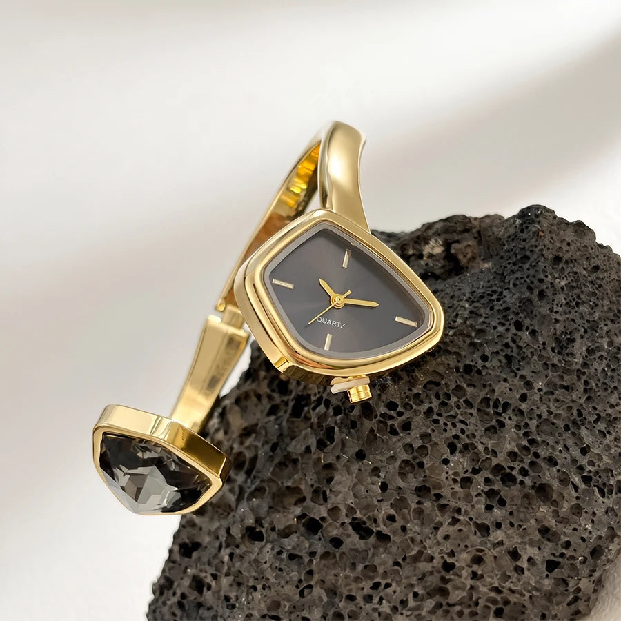 Stylish Irregular Dial Big Diamond Open Cuff Gold Watch for Woman
