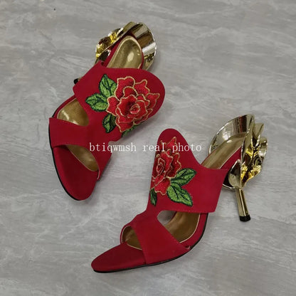 Luxury Flower Sandals Woman Open Toe Gold Strange High Heel Shoes Lady Sexy Mules Slippers