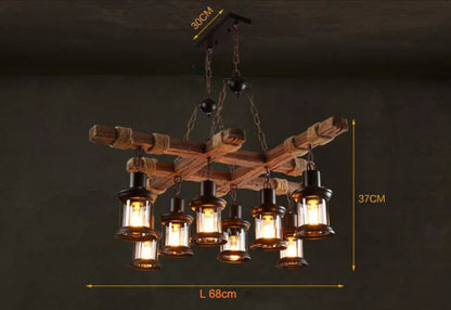 8 Lights Retro Wood Pendant Lights 8 Head Vintage Industrial Loft Glass Iron LED Chandelier Suspension Lamp Wooden Droplight