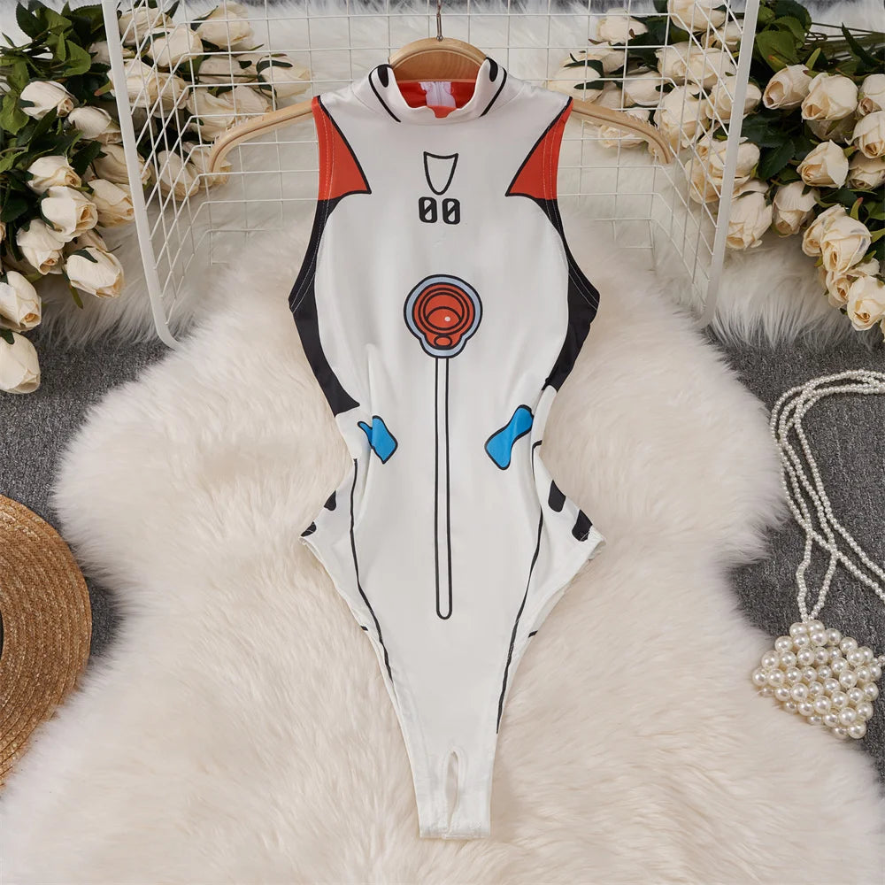 Cute Sweet Trend Cartoon Printed Jumpsuit Half High Collar Sleeveless Slim Fit Lingerie Bodycon Bodysuit Rompers Pajama Catsuits