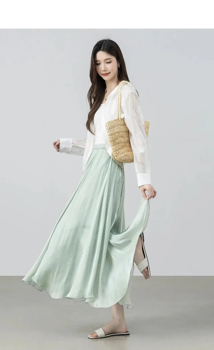SENTUBILA Women's Summer Skirt 2026 Elegant Elastic Waist Sheen Flowy A Line Long Skirt for Woman Ladies Clothes 162QG4909