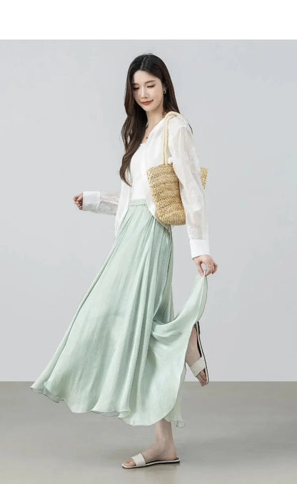 SENTUBILA Women's Summer Skirt 2026 Elegant Elastic Waist Sheen Flowy A Line Long Skirt for Woman Ladies Clothes 162QG4909