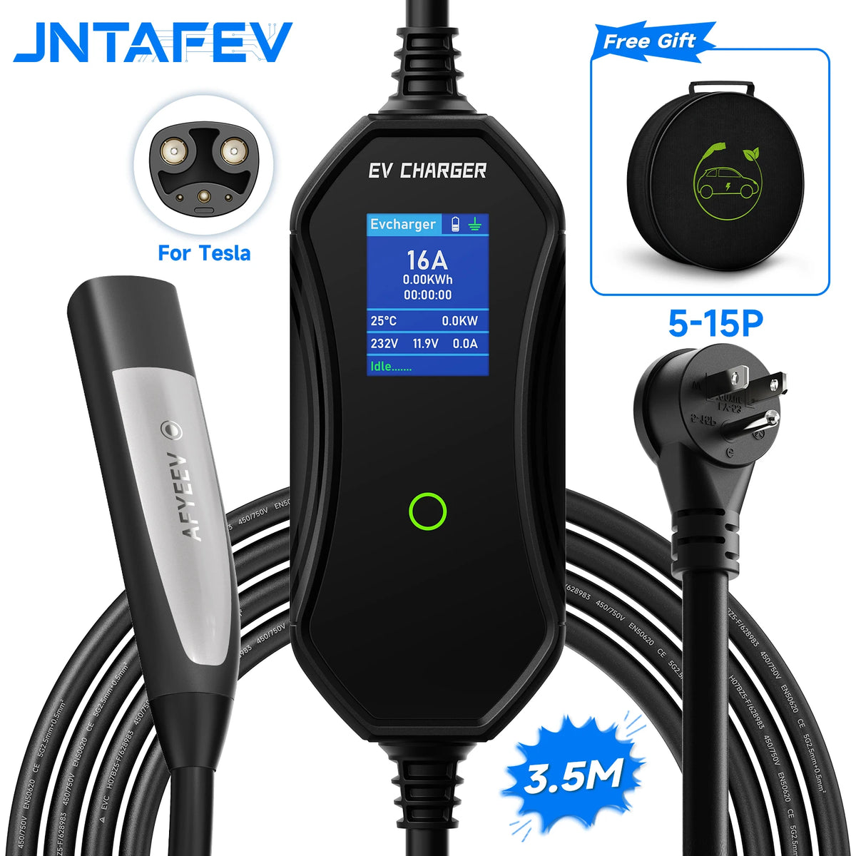 3.6kW Portable TS‑NACS EV Charger for Tesla 2.8" LCD Display Delay & Schedule Timing Electric Vehicle Charging Plug Station