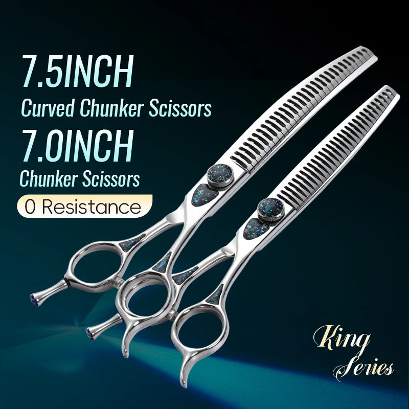 Fenice King Series 7/7.5Inch VG10 Shell Bearing Screws Dog Trimming Grooming Straight Curved Thinner Chunker Pet Scissors Tools