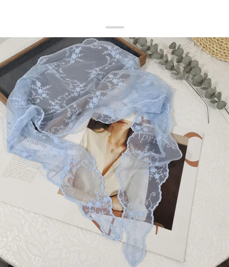 Lace Embroidered Silk Scarf Women's Long Neck Versatile Triangle Decorative Headscarf Korean Version Literary Yarn Shawl