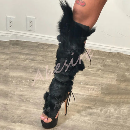 Black Faux Fur Lace Up Long Platform Shoes Round Toe Stiletto Cross Strap Sandals Women'S Sexy Nightclub Party Furry High Heels