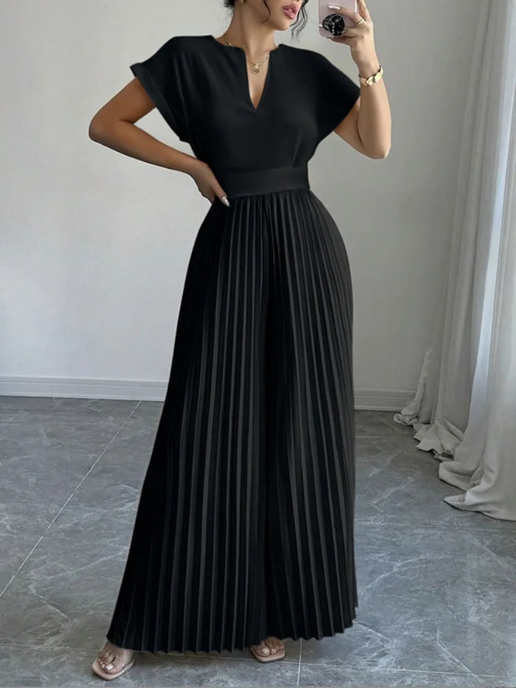 Elegant Pleated Jumpsuits&Rompers for Women V-Neck Jumpsuits Fashion Summer High Waisted Luxury Birthday Party Outfit