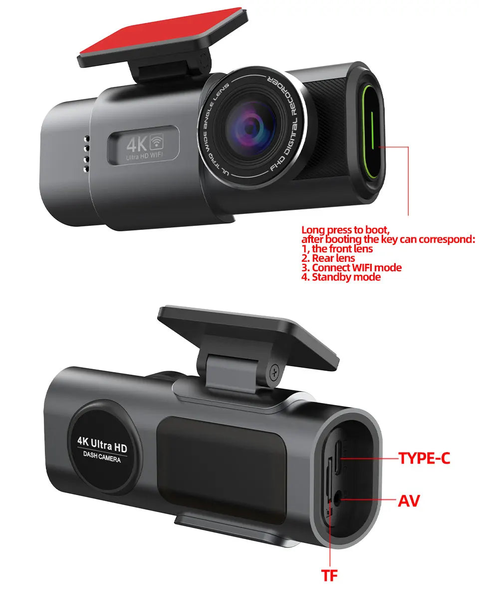 Dash Cam 4K UHD Recording Car Camera DVR Night Vision Video Recorder Built-In Wi-Fi Support GPS 24H Parking