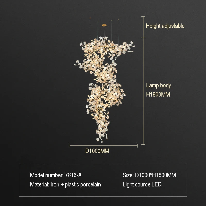 Staircase Ginko Leaf Chandelier Light For High Ceiling Staircase Loft Living Room Hotel Lobby Stairway Luxury Branch Chandeliers