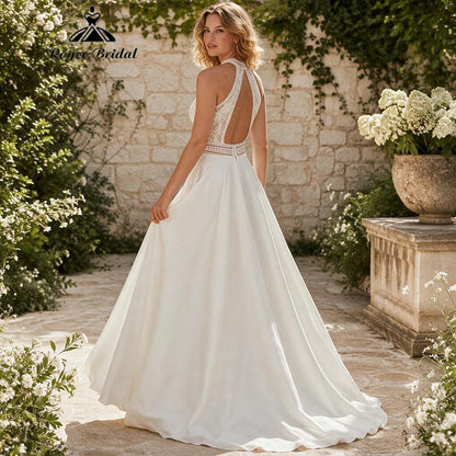 Roycebridal Boho Halter Flowers Lace A Line Wedding Dresses 2027 Open Back Beach Bridal Gown Customized vestido de novia