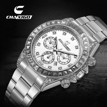 CHAXIGO 300 Diamond Studded Multi Functional Men's Quartz Watch Business Timing Steel Belt Light Luxury Calendar Watches for Man