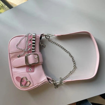 Fashion Hot Girls Square Shoulder Bags Retro Rivet Star Women's Underarm Bag Sweet Pu Leather Female Chain Handbags Pink Purse