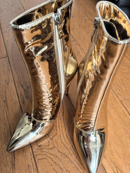 Design Ankle Boots Women Fashion Zipper Pointed  High Heels Gold Silver Patent Leather Short Booties Shoes Catwalk Shoes