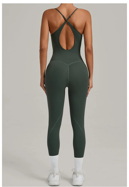 JUREN Fitness Jumpsuit Women Tracksuit Sports Playsuit Running One Piece Yoga Suit Scrunch Backless Set Rompers Gym Clothes