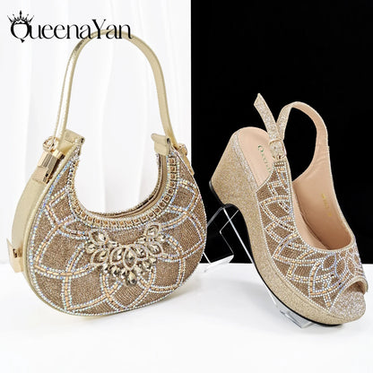 Queena Yan Sky Blue Elegant Nigerian Rhinestone Wedding Shoe and Bag Set Italian Inspired High Heels and Matching Handbag