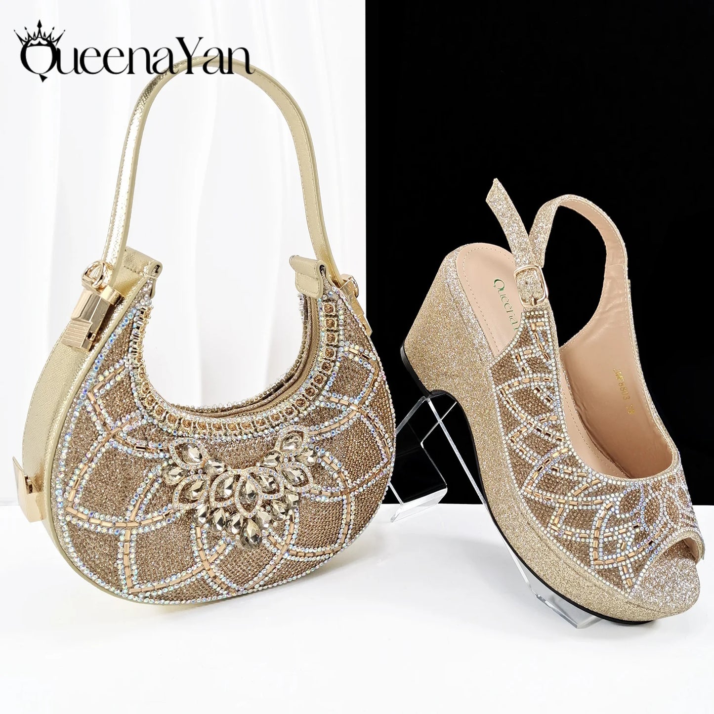 Queena Yan Sky Blue Elegant Nigerian Rhinestone Wedding Shoe and Bag Set Italian Inspired High Heels and Matching Handbag