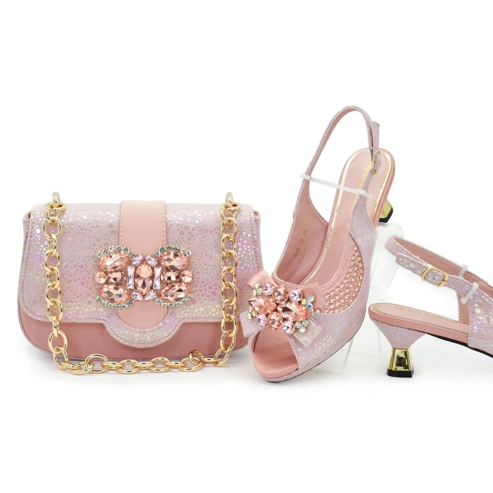 New Arrival Nigerian Women Heel Party Shoes and Bag Set Champagne Colour Rhinestone Handbag Italian Design Wedding