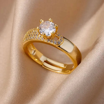 Luxury Zircon Geometric Rings For Women Stainless Steel Gold Color Open Ring Trendy Wedding Party Aesthetic Jewerly Gift Femme
