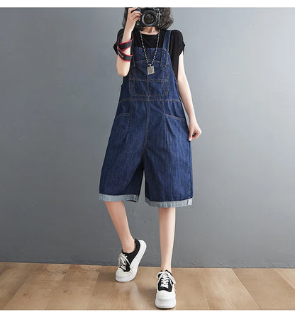 Spring Summer Jean Short Jumpsuits Women Casual Streetwear Loose Wide Leg Shorts Denim Overalls Straps Rompers Cargo Baggy Pants