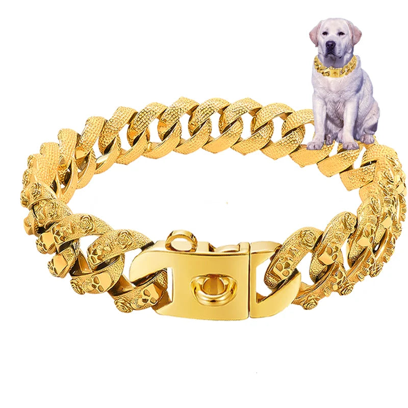 32mm  Gold Dog Collar Stainless Steel Metal Pet Choker Lead for Medium Large Dogs Pet Accessories Labrador Rottweiler