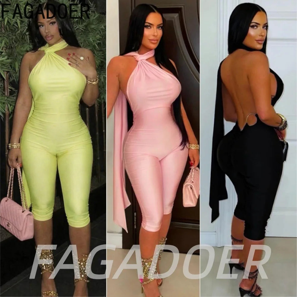 FAGADOER Sexy Halter Bandage Backless Jumpsuits Women Hip Ruched Skinny Rompers Overalls Party Slim Party Nightclub Playsuits