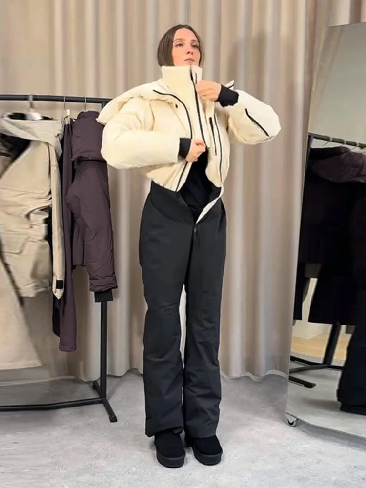 Detachable Hooded Ski Suit Jumpsuit Woman Zipper Color Blocked Long Sleeve Slim Warm Jumpsuits Sports Casual Women's Ski Suits