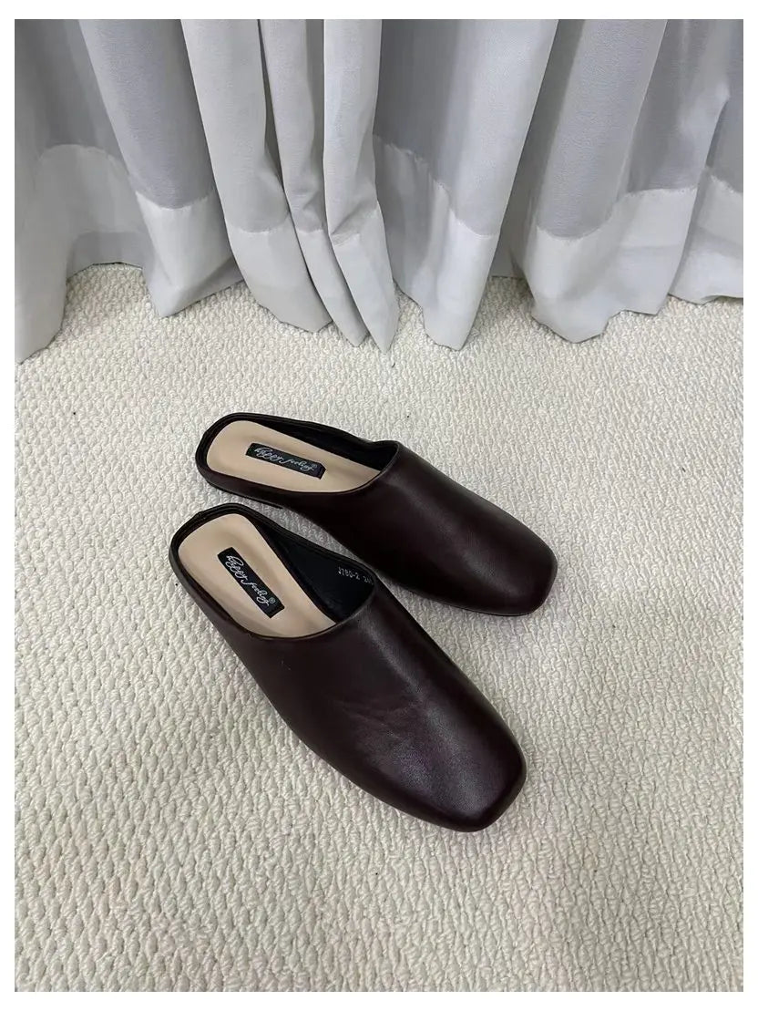 Fashion Square Toe Flat Slippers Women Casual Slip On Mule Luxury Brand Outsides Slides Elegant Pleated Ladies Shoes Sandal Flip