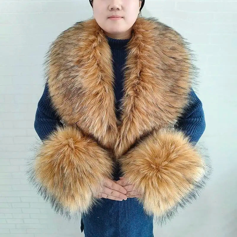 Large Women Faux Fox Fur Scarf Winter Jackets Warm Fluffy Shawl Fashion Artificial Fur Collar And Cuff Set Fluffy Scarves Female