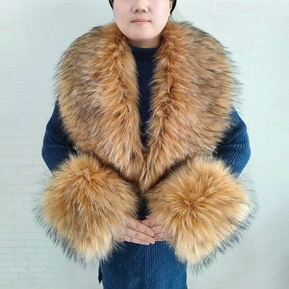 Large Women Faux Fox Fur Scarf Winter Jackets Warm Fluffy Shawl Fashion Artificial Fur Collar And Cuff Set Fluffy Scarves Female