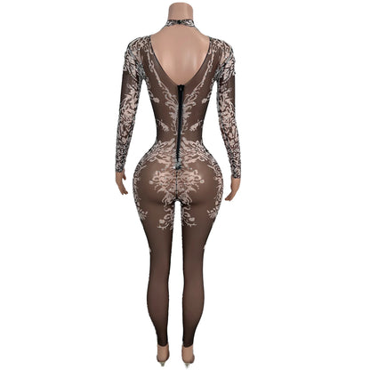 sexy long sleeves night club party rhinestone jumpsuits women birthday prom bodycon rompers show dance bodysuit festival outfit