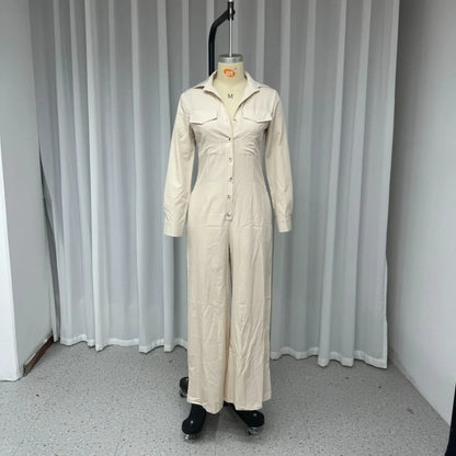 Jumpsuit Women 2024 Autumn Commuting Fashion Turn-Down Collar Long Sleeve Pocket Design Casual Jumpsuits New Female One Pieces