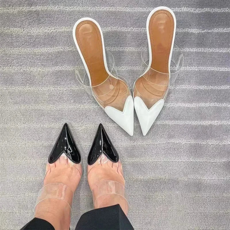 Elegant Pointed Toe Transparent PVC Heart High Heels Mules Slipper Shoes Women 2025 Black White Red Shoes Luxury Designer Pumps